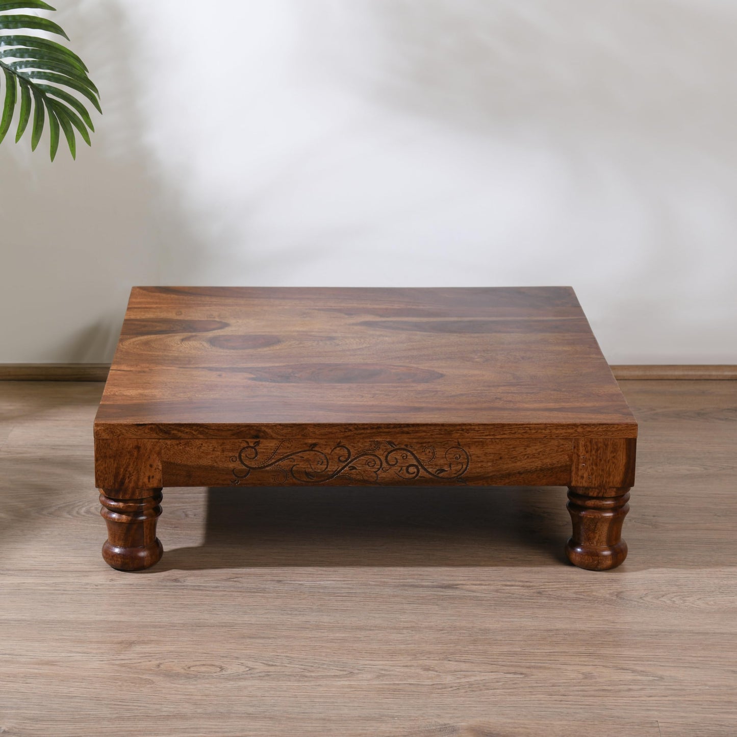 Wood Curls Wooden Puja Chowki with Carved Legs, Traditional Prayer Table, Dark Brown,Sheesham Wood,Puja Table for Home (20 inch x 20 inch x 6.2 inch)
