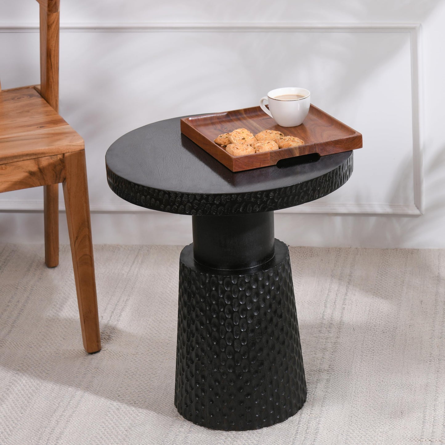 Wood Curls Nyx Wooden Coffee Table for Living Room|Side Table for Office,Home,Bedroom|Round Coffee Table|Black|Mango Wood(17 inches Diameter x 20 inches Height)