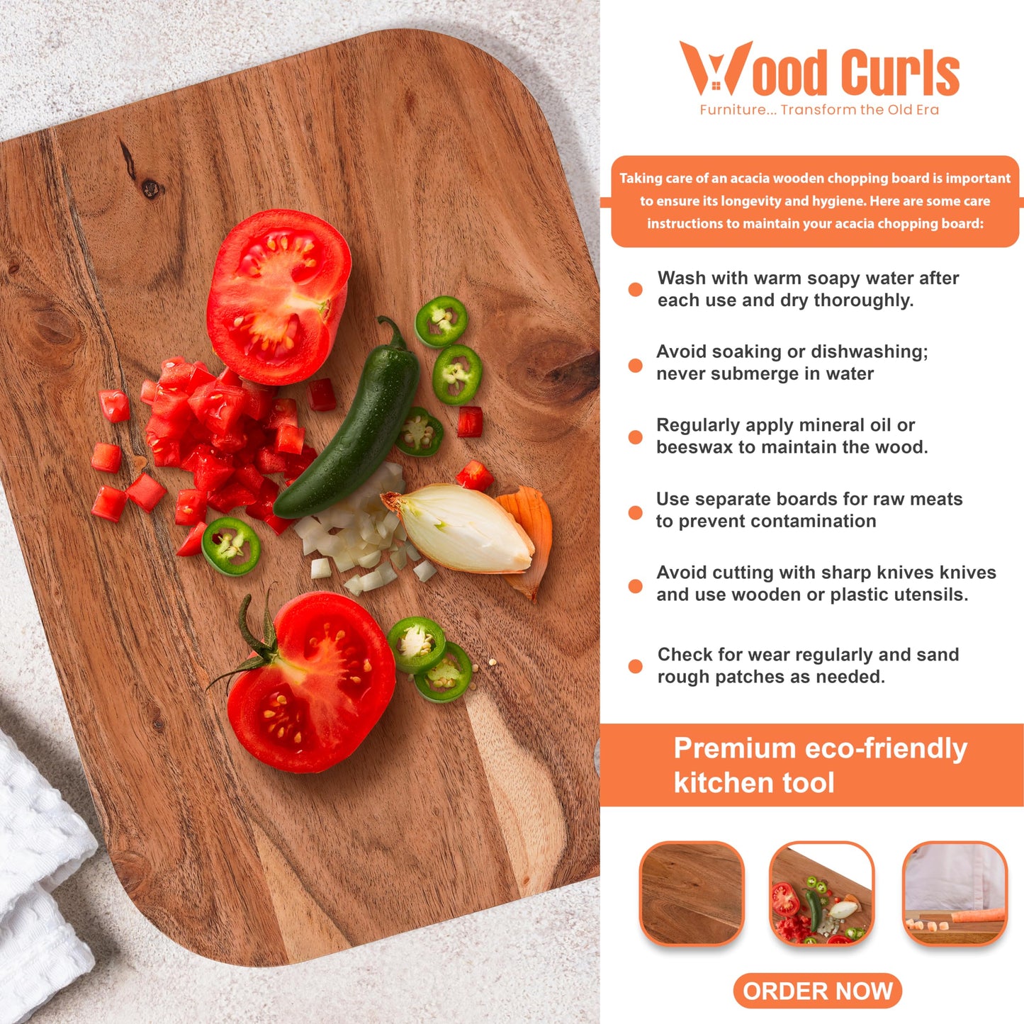 Wood Curls Birchwood Acacia Wood Rectangle Curved Edges Board | BPA Free | Anti-Bacterial | Natural Wood Finish | Size: 24.77X34.29X1.27 Centimetres