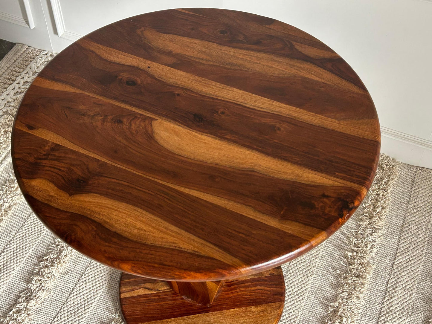 Wood Curls Armonia Sheesham Wood Coffee Table for Home,Office,End Table for Bedroom,Living Room Pedestal Base Side Table, Geometric Design,Natural Wood Finish(24 inch Diameter x 24 inch Height)