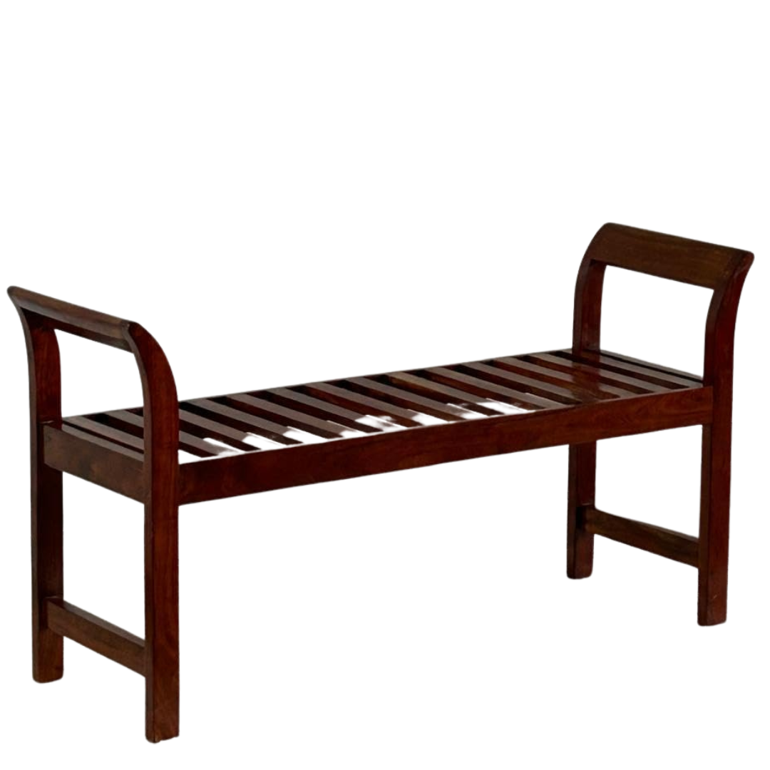 Wood Curls Wooden Bench with Arms, Bench for Living Room,Entryway,Hallway,Slatted Seat Design, Mahogany Finish