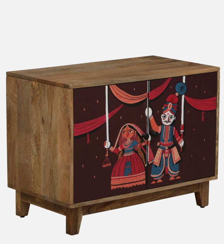 Wood Curls Mango Wood Hand-Painted Two-Door Cabinet – Multicolor Puppet Art Design, Natural Finish