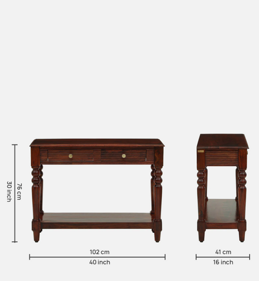 Wood Curls Aurea Sheesham Wood Console Table In Honey Oak Finish With Drawers