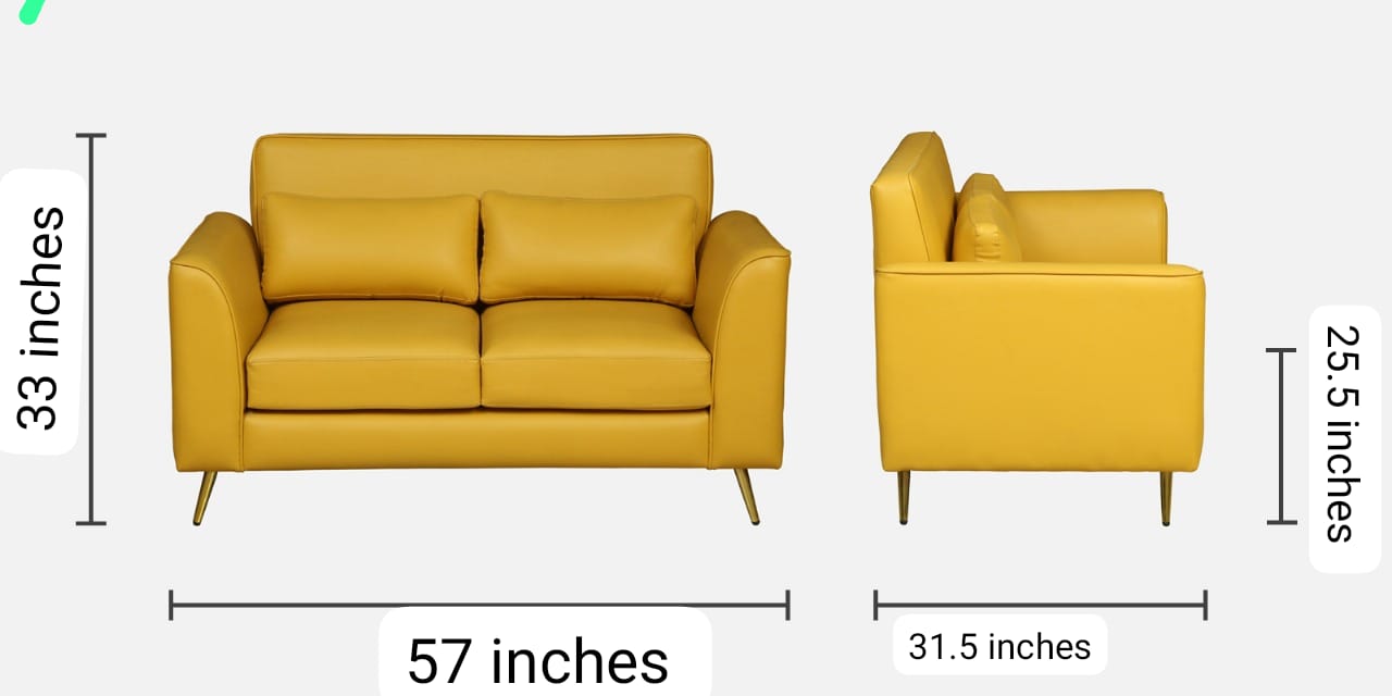 Wood Curls Aurelia Mustard Two-Seater Sofa ,Modern Leatherette Sofa with Golden Legs(57 inch Lx 25.5 inch H)