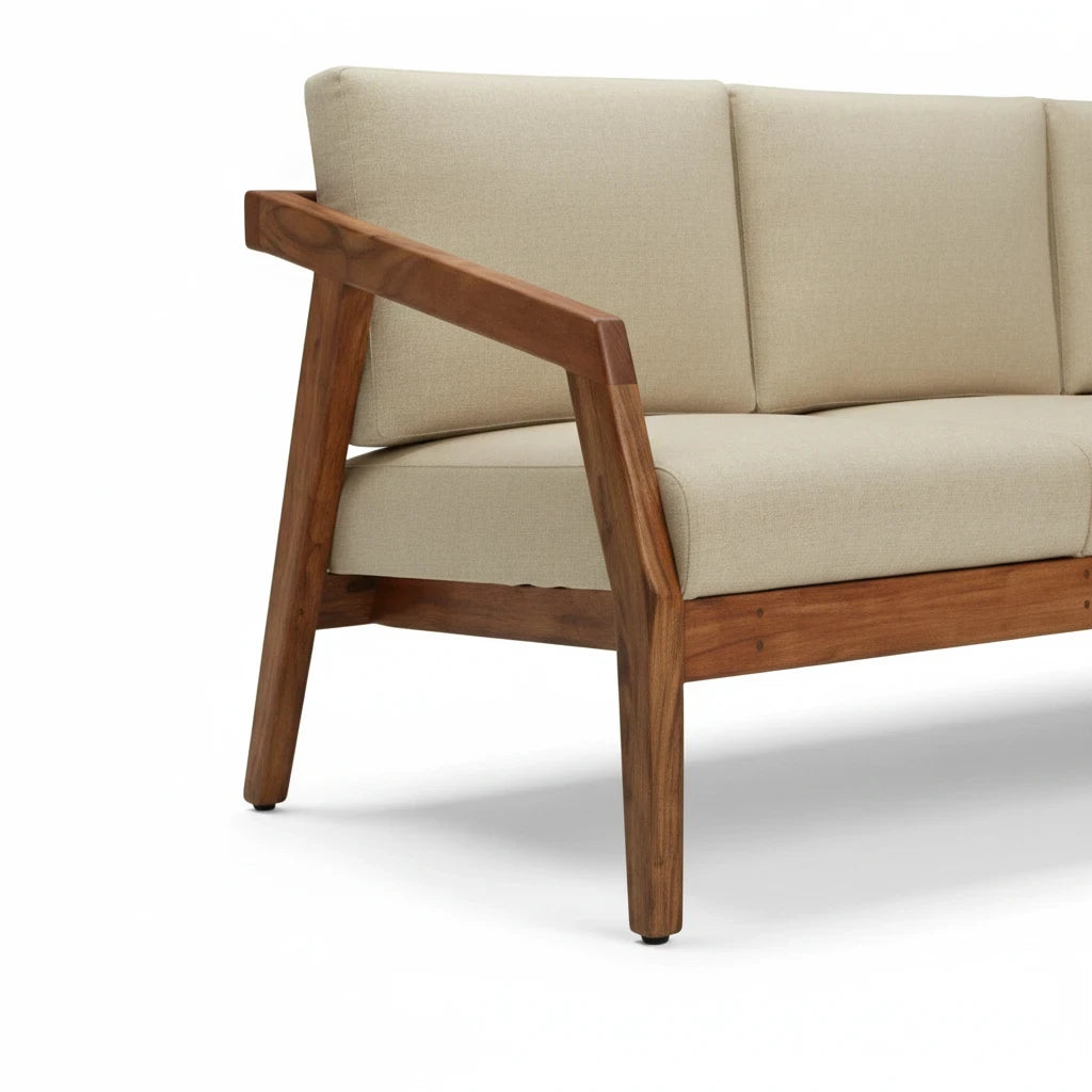 WOOD CURLS Arden 3-seater sofa featuring a solid acacia wood frame and plush beige fabric cushions.