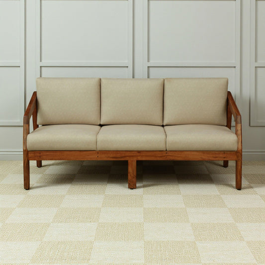 WOOD CURLS Arden 3-seater sofa featuring a solid acacia wood frame and plush beige fabric upholstery
