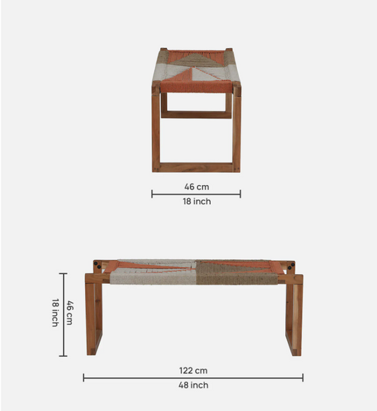 WOOD CURLS CasaWeave 2-seater acacia wood bench with handwoven jute rope seat in natural wood and orange tones