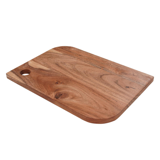 WOOD CURLS rectangular acacia wood cutting board with natural grain finish and a convenient corner hanging hole.
