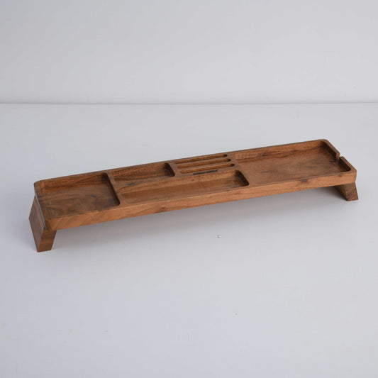 WOOD CURLS handcrafted acacia wood desk organizer with multiple compartments and a natural wood grain finish.