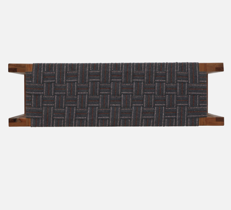 WOOD CURLS Woven Essence 2-seater bench featuring a dark grey cotton webbing seat and natural acacia wood frame.