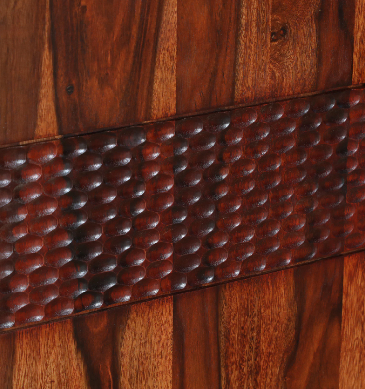 WOOD CURLS Elyssian sideboard detail showing honey oak finish on solid Sheesham wood with textured carved pattern