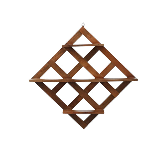 WOOD CURLS diamond-shaped wall shelf made of natural mango wood with a geometric criss-cross design for home decor.