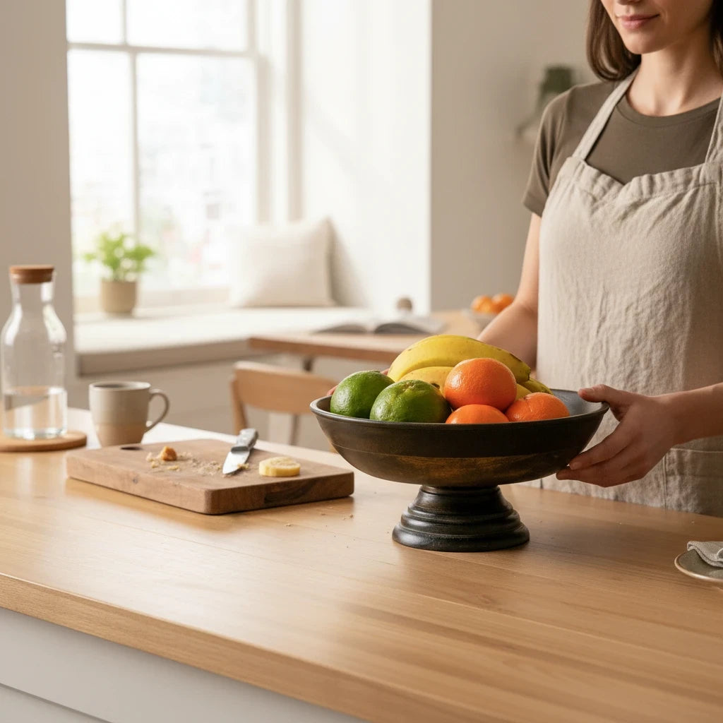 WOOD CURLS mango wood pedestal bowl filled with fresh fruit, held by a person in a kitchen setting.