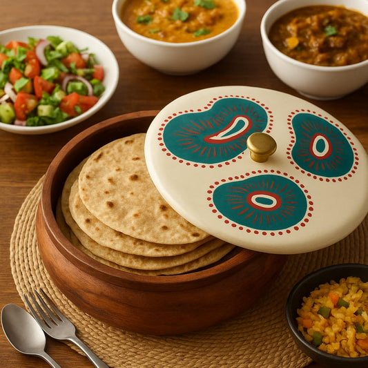WOOD CURLS mango wood roti box with a hand-painted teal and coral lid, filled with fresh rotis on a dining table.