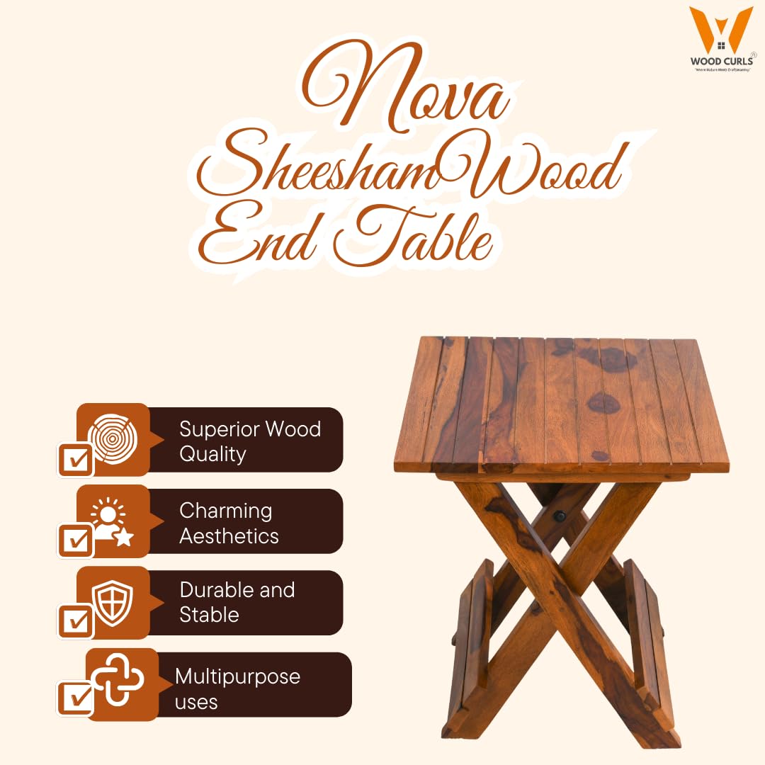 WOOD CURLS Nova square end table made from natural Sheesham wood with a sturdy cross-leg design and rustic grain.