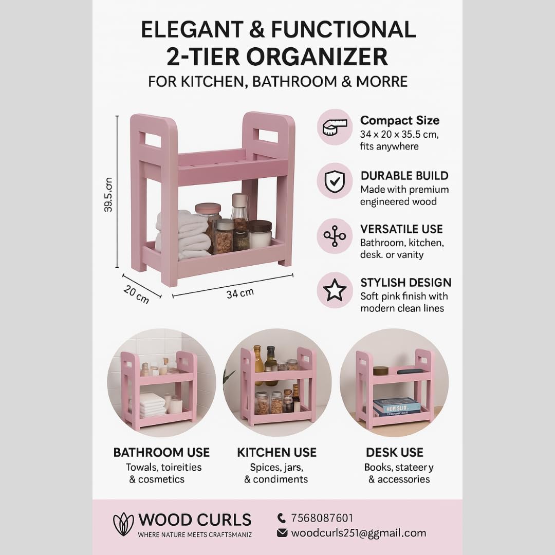 WOOD CURLS pink 2-tier wooden storage rack for kitchen and bathroom organization with compact space-saving design
