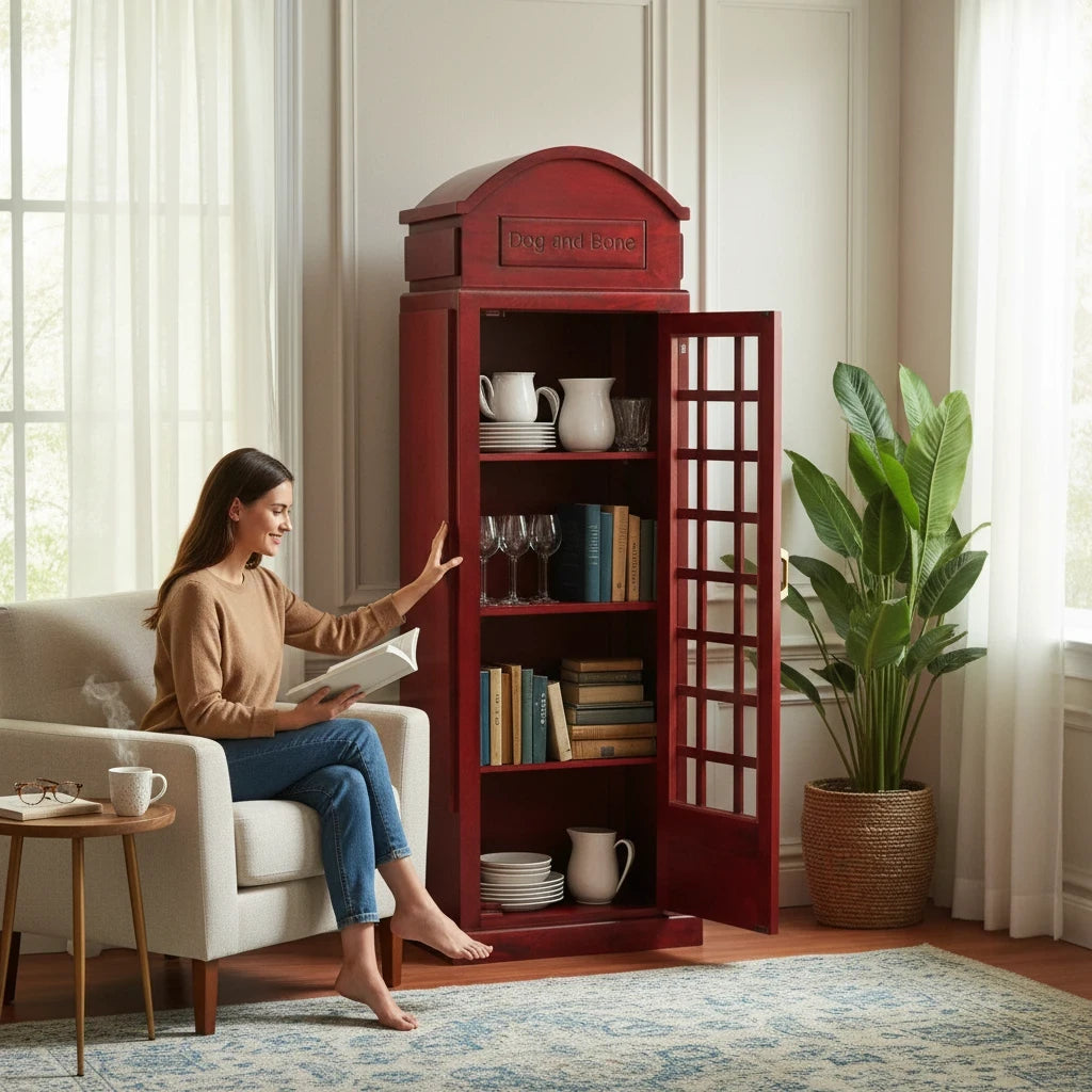 WOOD CURLS tall red mango wood cabinet with vintage telephone booth design, featuring shelves filled with decor.
