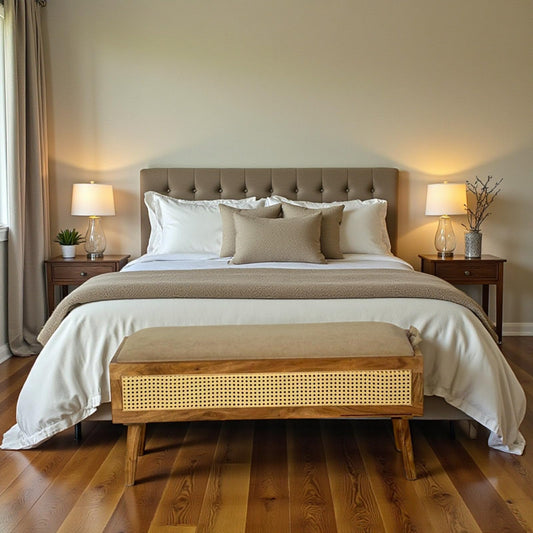 WOOD CURLS Riviera cane storage bench with a cushioned top and solid acacia wood frame placed at the foot of a bed.