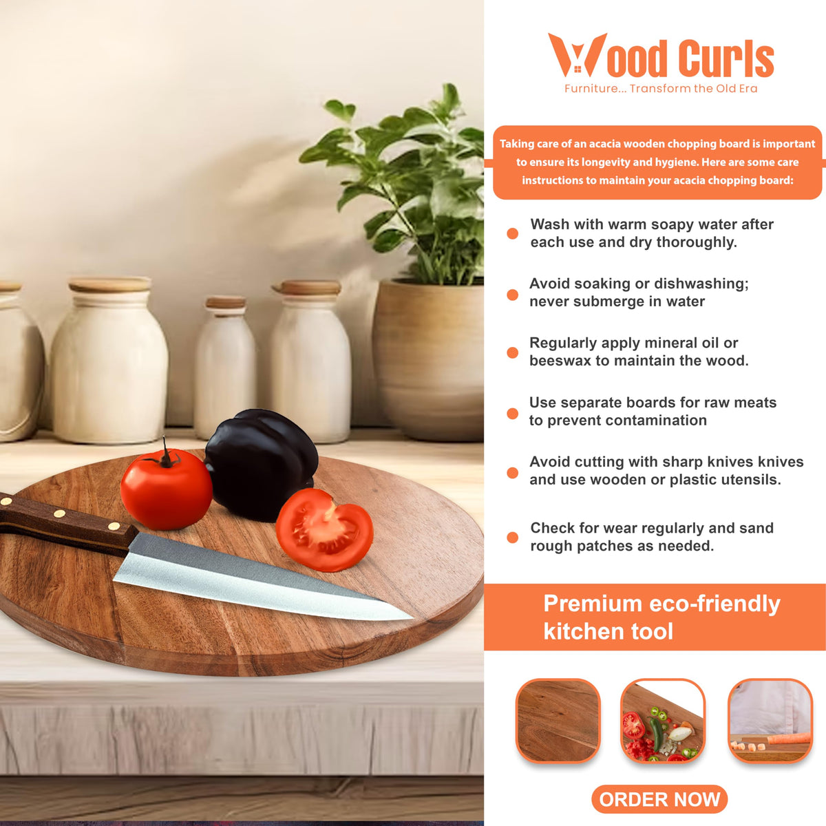 WOOD CURLS round acacia wood chopping board with a chef knife, tomato, and bell pepper on a kitchen counter.