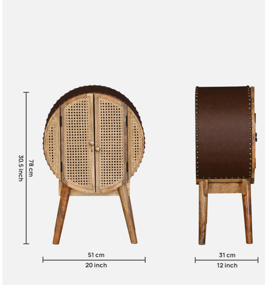 WOOD CURLS Ayra round mango wood cabinet with cane doors, leatherette back, and tapered legs, showing dimensions.