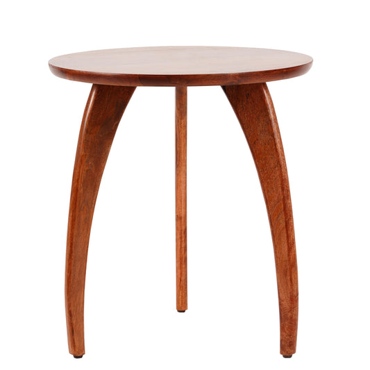 WOOD CURLS round coffee table in natural mango wood with a smooth finish and three curved legs on a white background.