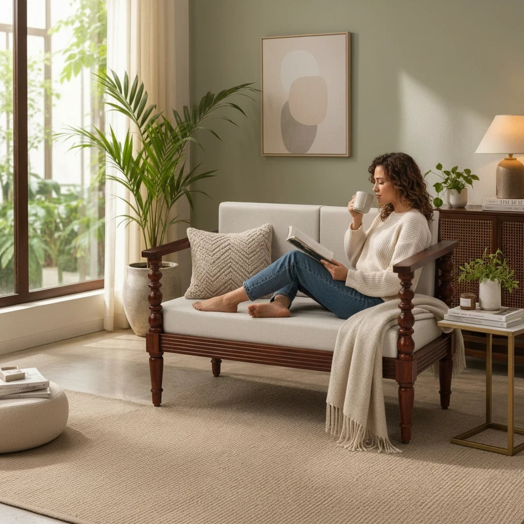 WOOD CURLS Rowan 2 seater sheesham wood sofa with beige cushions and walnut finish in a cozy living room setting