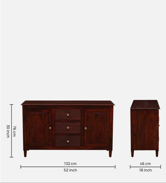 WOOD CURLS Verona Sheesham wood sideboard in honey oak finish with ribbed drawers and dimensions shown in front view.