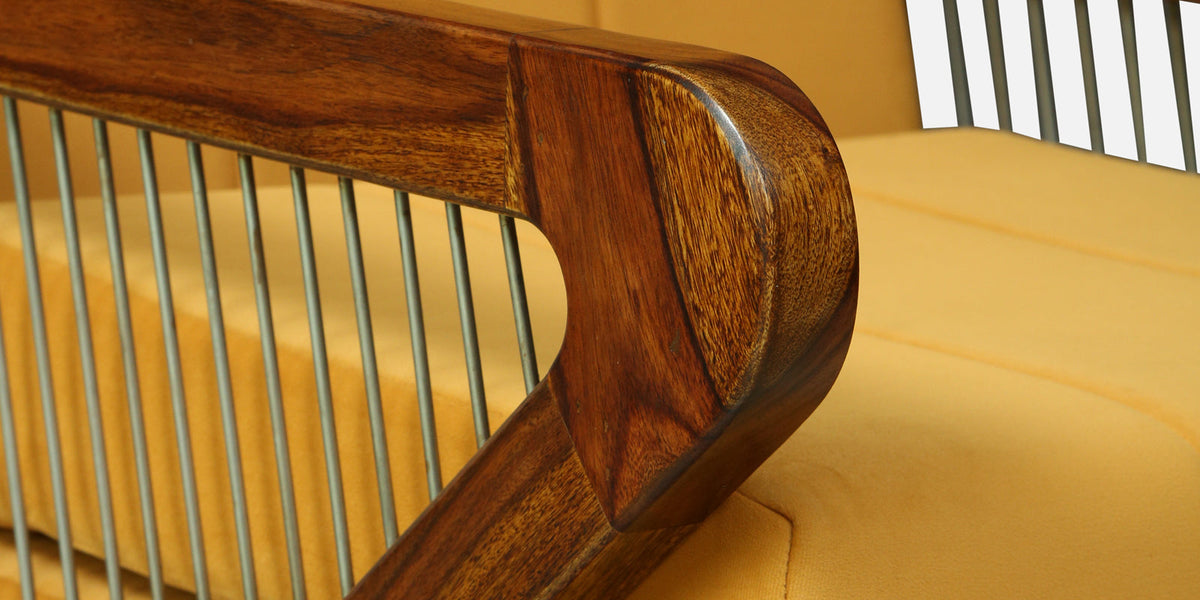 WOOD CURLS Verona sofa armrest made of solid Sheesham wood with modern rope detailing and mustard yellow cushion