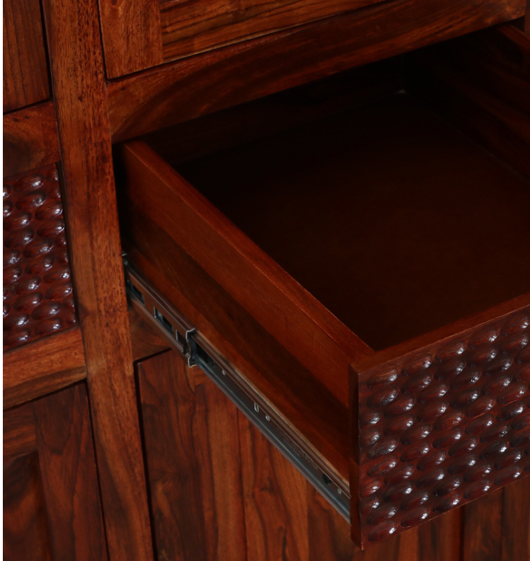 WOOD CURLS Natura wardrobe drawer detail featuring solid Sheesham wood with a textured honey oak finish