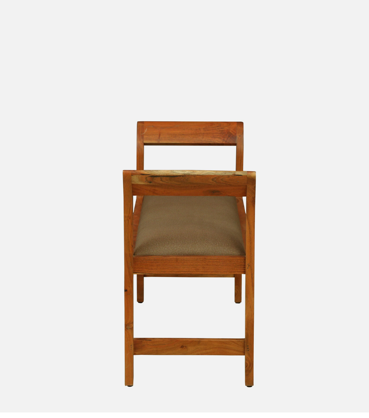 WOOD CURLS Thalia dining bench in solid acacia wood with a brown upholstered seat and curved backrest, side view.