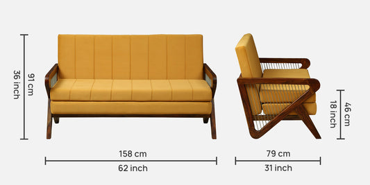 Yellow sofa and armchair with dimensions on a white background