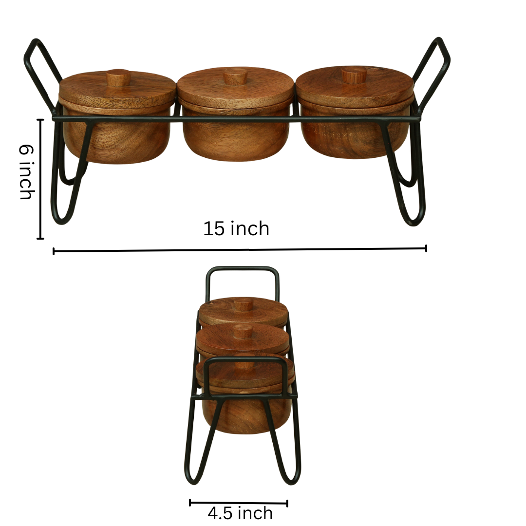 WOOD CURLS set of 3 handcrafted solid wood serving bowls with lids and a black metal stand for snacks and dry fruits.