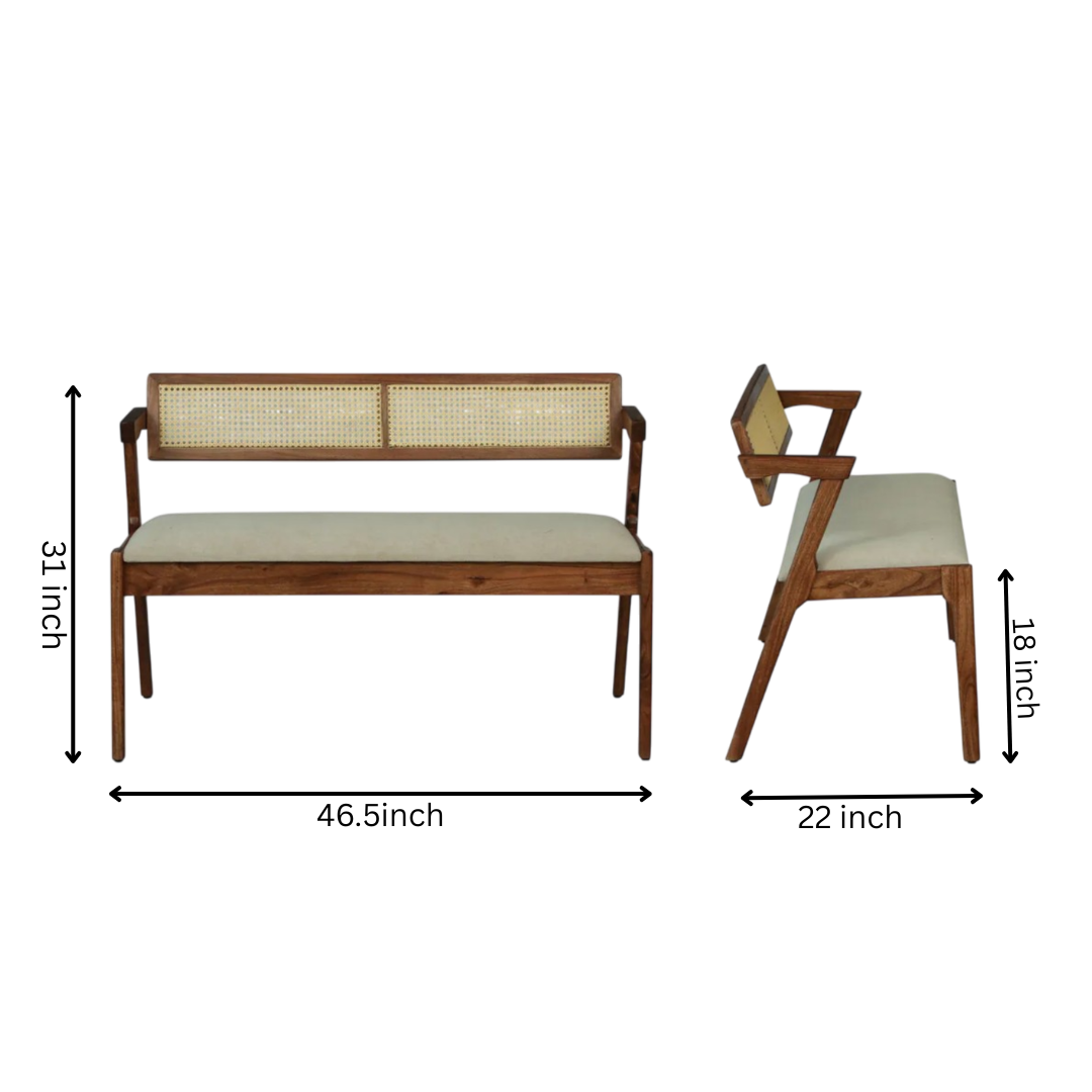 Oslen 2 Seater Wooden Bench with Upholstered Seat & Cane Backrest