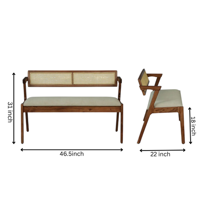 Oslen 2 Seater Wooden Bench with Upholstered Seat & Cane Backrest