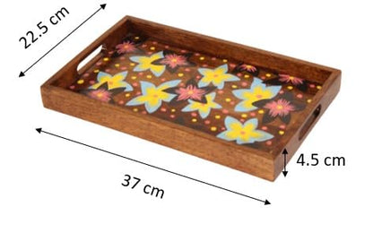 Wood Curls Handmade Mango Wood Tray with Floral Print| DIY Wooden Flower Tray for Home, Office|Hand Painted Wooden Tray