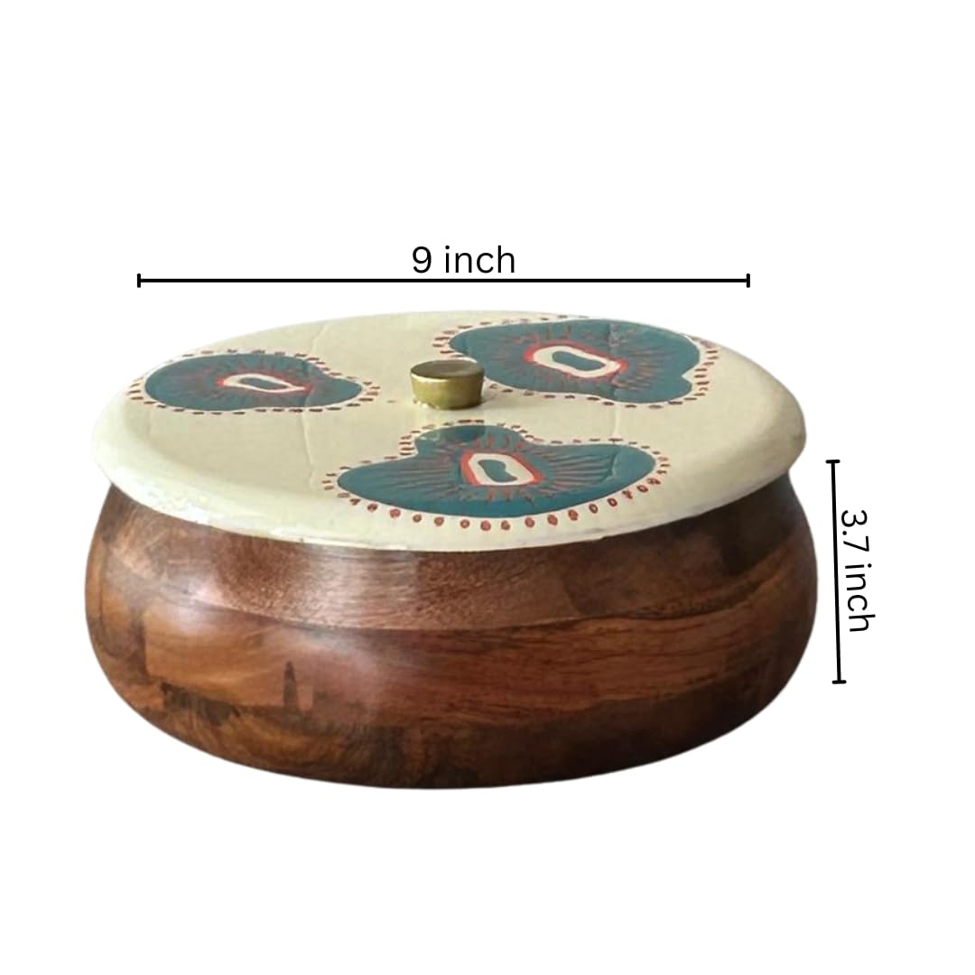 Wood Curls Handcrafted Wooden Storage Container with Hand-Painted Lid – Multipurpose Roti, Snack & Dry Fruit Server for Kitchen and Dining Table (23 cm Diameter x 9.5 cm Height)