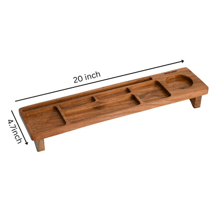Wood Curls Wooden Desk Organiser,Table Organiser for Home & Office, Storage Tray with Compartments (20 inch(L) x 4.7inch(W) x 2.7inch(H)