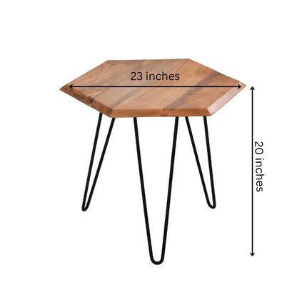 Wood Curls Vivo Solid Wood Side Table|End Table for Living Room,Bedroom,Office|Space Saving End Table|Table with Metal Legs|Center Table for Office & Home|Hexagon Shape|Natural Finish