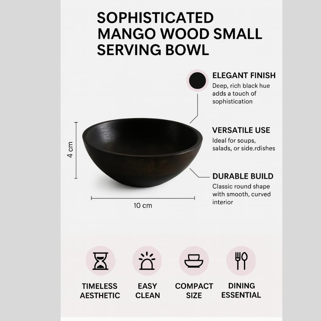 Wood Curls Small Wooden Serving Bowl,Multipurpose Bowl for Soup, Salad and Fruits,Decorative Bowl for Home,Dining,Black,10cm(W) x 4cm(H)