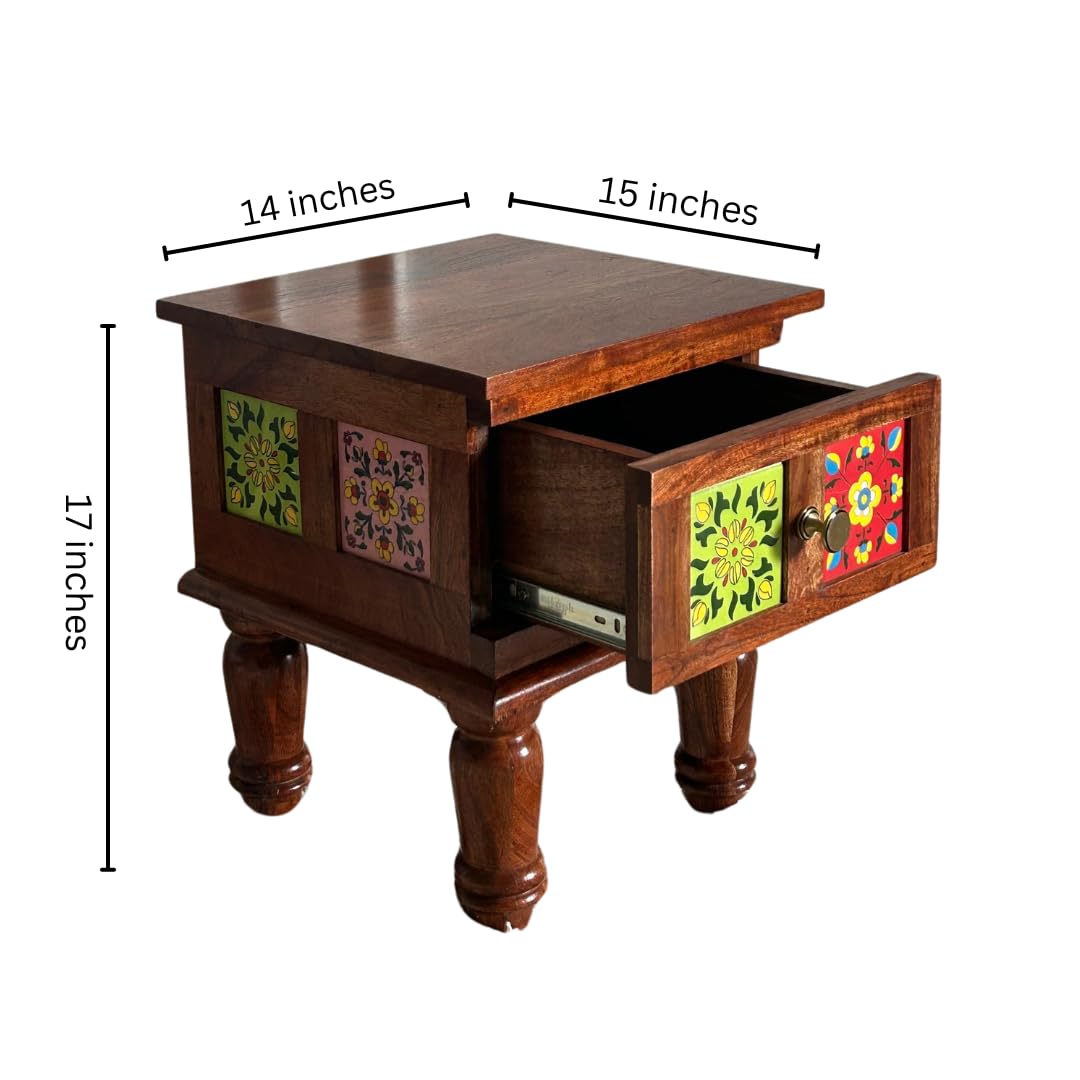 Wood Curls Handcrafted Wooden Bedside Table with Ceramic Tile Inlay, Floral Design Drawers, Turned Legs, Sheesham Wood[36cm(L) x 39cm(W) x 43cm(H)]