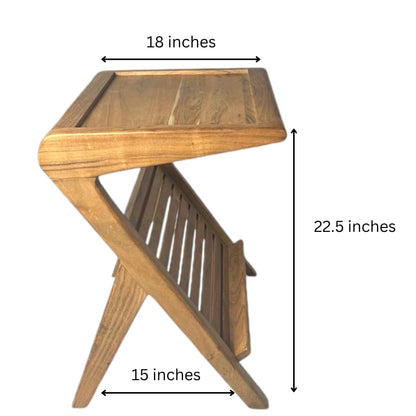 Wood Curls Magnoir Z-Shaped Solidwood End Table,Bedside Table,Coffee Table,Table for Living Room,Bedroom,Bohemian Style,Sofa Side Table with Rack,Natural Wood Finish,End Table for Small Spaces