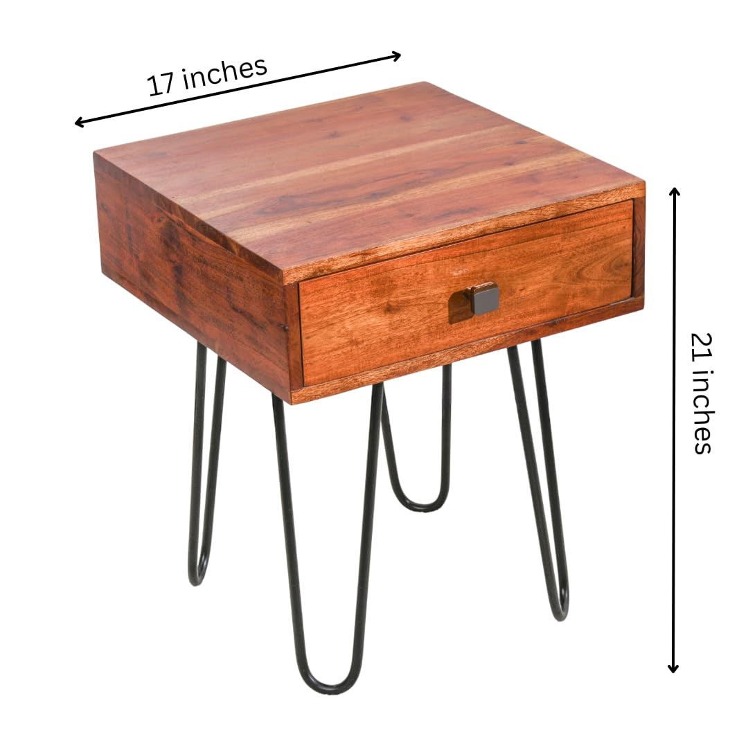 Wood Curls Torino Rustic Side Table with Drawer,Bedside Table,SideTable for Living Room,End Table,Solid Wood, Metal Legs, (45L x 45B x 55.5H) cm,