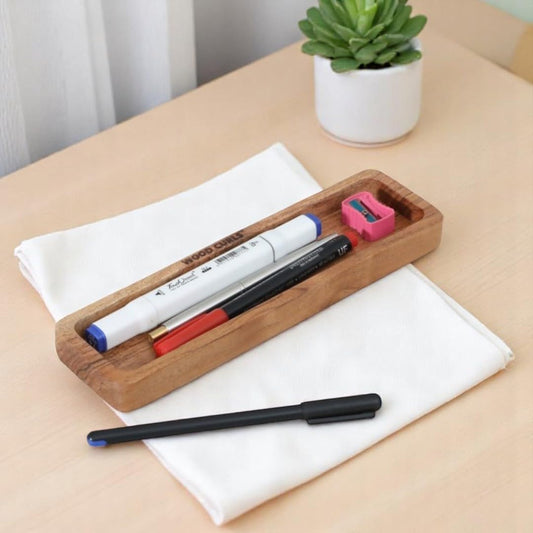 Wood Curls Wooden Pen Holder Tray for Desk, Minimalist Stationery Organizer with Compartments for Small Accesories,Solid Wood Desk Organizer Tray, 9(L) x 2.5(B) inch