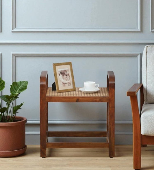 Wood Curls Bendora Side Stand,End Table with Cane Seat,Mango Wood, Traditional Design, Walnut Finish,Already Assembled(H 21 x W 20 x D 14) Inches