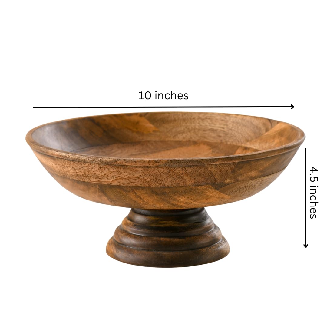 Wood Curls Handcrafted Wooden Pedestal Bowl for Kitchen Counter,Decorative Bowl for Center Table,Bowl for Salad,Fruits,Mango Wood, Natural Finish(25.5cm Diameter x 11.5cm Height)