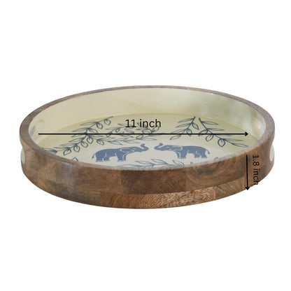 Wood Curls Handcrafted Wooden Round Serving Tray with Elephant & Leaf Motif – Hand-Painted Decorative Tray with Cutout Handles for Snacks, Beverages & Décor(11 inches Diameter x 1.8 inches Height)