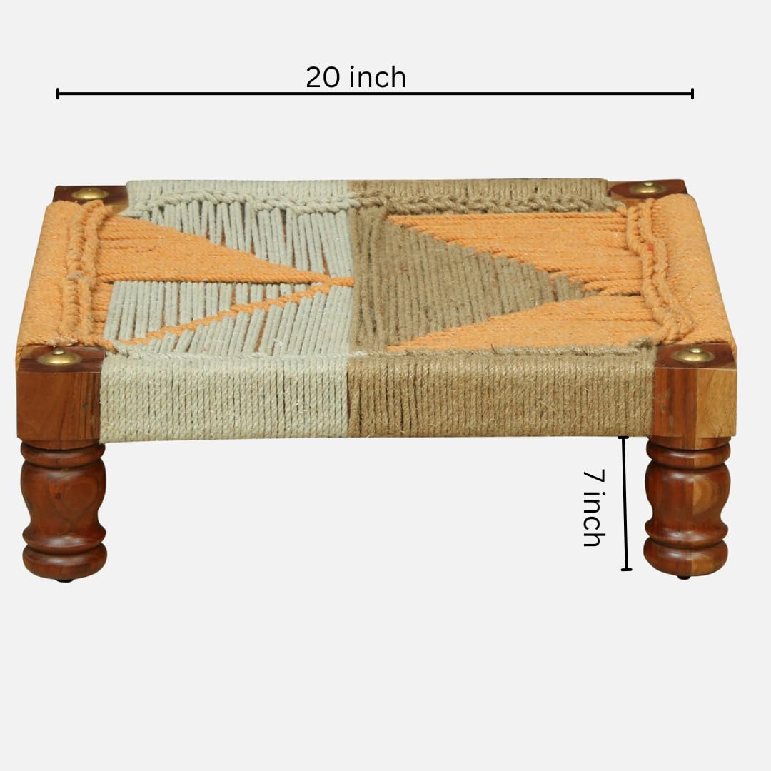 Wood Curls Handwoven Wooden Chowki | Traditional Cord Weaving Stool for Sitting, Footrest & Puja | Low Wooden Seat with Durable Rope Weaving(20 inch L x 7 inch H)