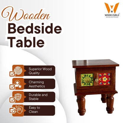 Wood Curls Handcrafted Wooden Bedside Table with Ceramic Tile Inlay, Floral Design Drawers, Turned Legs, Sheesham Wood[36cm(L) x 39cm(W) x 43cm(H)]