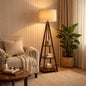 “Wooden floor lamp with shelves beside modern bed in bedroom”