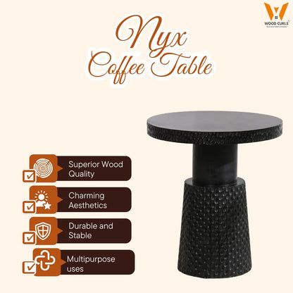 Wood Curls Nyx Wooden Coffee Table for Living Room|Side Table for Office,Home,Bedroom|Round Coffee Table|Black|Mango Wood(17 inches Diameter x 20 inches Height)